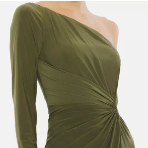 MAC DUGGAL 55696 ONE SLEEVE BEADED CUFF SIDE TWIST THIGH SLIT OLIVE GOWN sz 16 - Picture 3 of 6